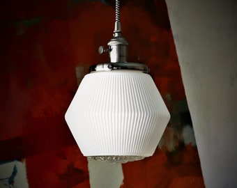 Atomic Pendant Light with White Ribbed Mid Century Modern Glass Shade and Custom Hand-Finished Brass - 1950s MCM Retro Vintage Lighting