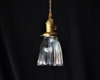 Petite Pendant Light - Vintage Scalloped Glass Shade and Custom Brass Light Fixture - Small Ceiling Lamp - Kitchen Island Light