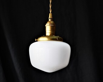 schoolhouse desks Petite Schoolhouse Pendant Light - Mini School House Milk Glass Globe - Antique Brass Light Fixture Vintage Style Lamp - MCM Hanging Light