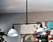 Vintage Bar Light - Mid Century Twin Light Fixture with White Steel Lamp Shades - Industrial Light - Bohemian Ceiling Light - Edison Light