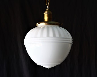 Art Deco Pendant Light - 1920s White Glass Globe - Brass Ceiling Light Fixture- Authentic Antique Milk Glass -Custom Brass Chain Swag Light