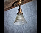 Vintage Ceiling Light - Adjustable Articulating Semi Flush Light for Sloped Ceilings with Holophane Glass Lamp Shade - Industrial Light