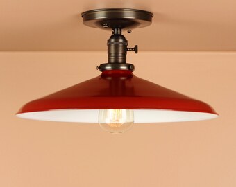 Semi Flush Lighting W 14 Inch Red Porcelain Enamel Shade Etsy