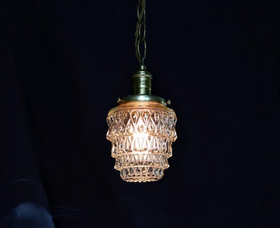 Pair of MCM Tiered Pendant Light - Custom Brass Light Fixture - Brass Swag Light - Authentic Mid Century Modern Glass