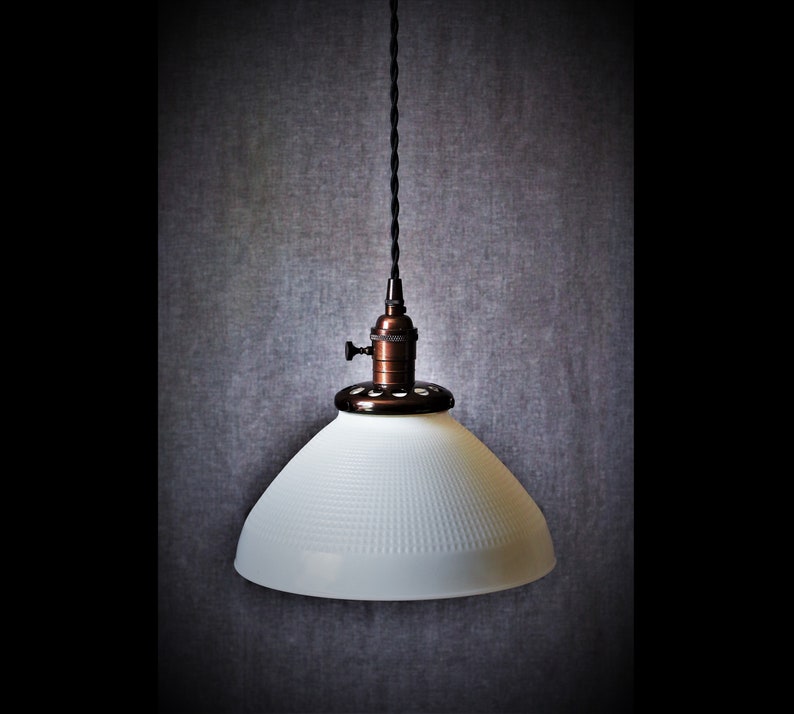 Waffle Print Pendant Lighting 10 Milk Glass Lamp Shade Brass Light Fixture Edison Bulb Vintage Mid Century Modern