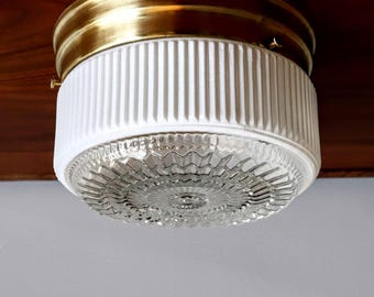 1950s Vintage Flush Mount Fixture 6", 8", 10" Drum Glass Shade - Retro Kitchen Light, Hallway Light - Mid-Century Modern - New Base