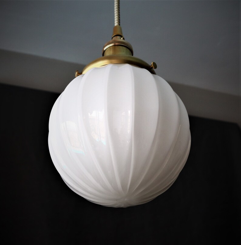 Fluted Pendant Light Vintage Milk Glass Globe 1950s Mid Etsy