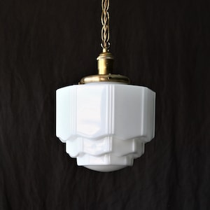 Art Deco Skyscraper Pendant Light - 1920s White Glass Globe - Brass Ceiling Light Fixture - Authentic Antique Milk Glass
