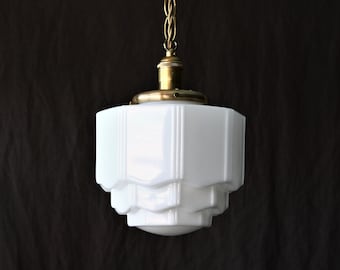 Art Deco Skyscraper Pendant Light - 1920s White Glass Globe - Brass Ceiling Light Fixture - Authentic Antique Milk Glass