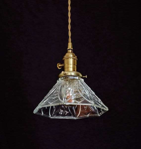 Pressed Clear Glass Pendant Light - Custom Brass Light Fixture - Kitchen Island Lighting - Art Nouveau - Art Deco Style Light
