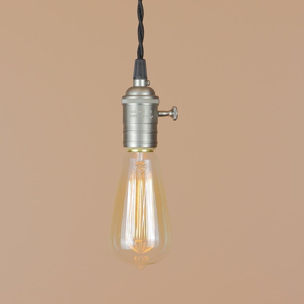 Industrial Pendant Lighting - Satin Nickel Finish - Reproduction Cloth Wire - Edison Light Bulb - Vintage Style Home Decor