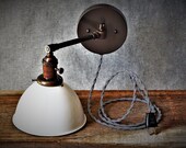 White Vintage Sconce - Adjustable Articulating Wall Mount - White Enameled Steel Shade - 1950 39 s Desk Lamp - Antique Brass, Unfinished Brass