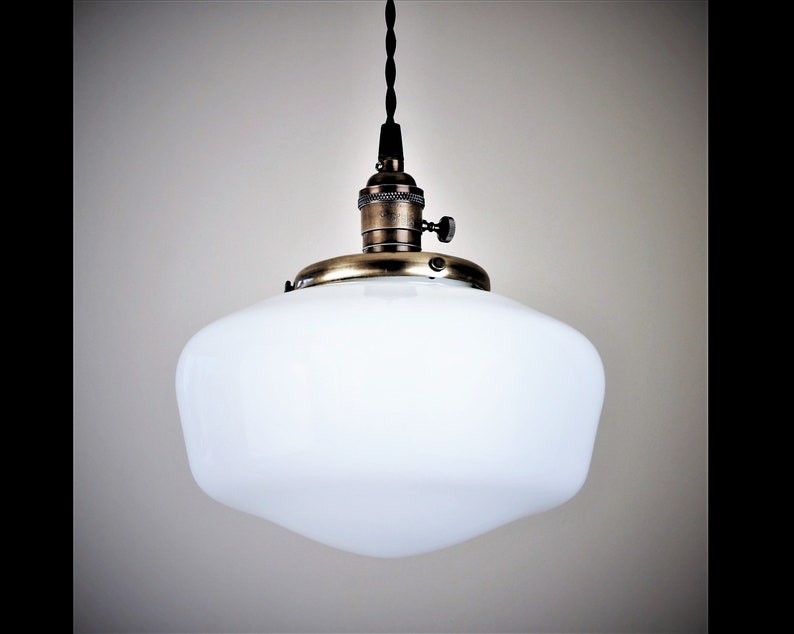 Large Schoolhouse Pendant Light Milk Glass Globe And Custom Hand Finished Brass