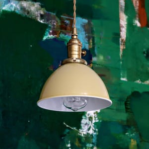 Vintage Ceiling Light - 7" White Pendant Light - Antique Style Light Fixture - Mid Century 1950s Gas Station Light -Raw Brass, Antique Brass