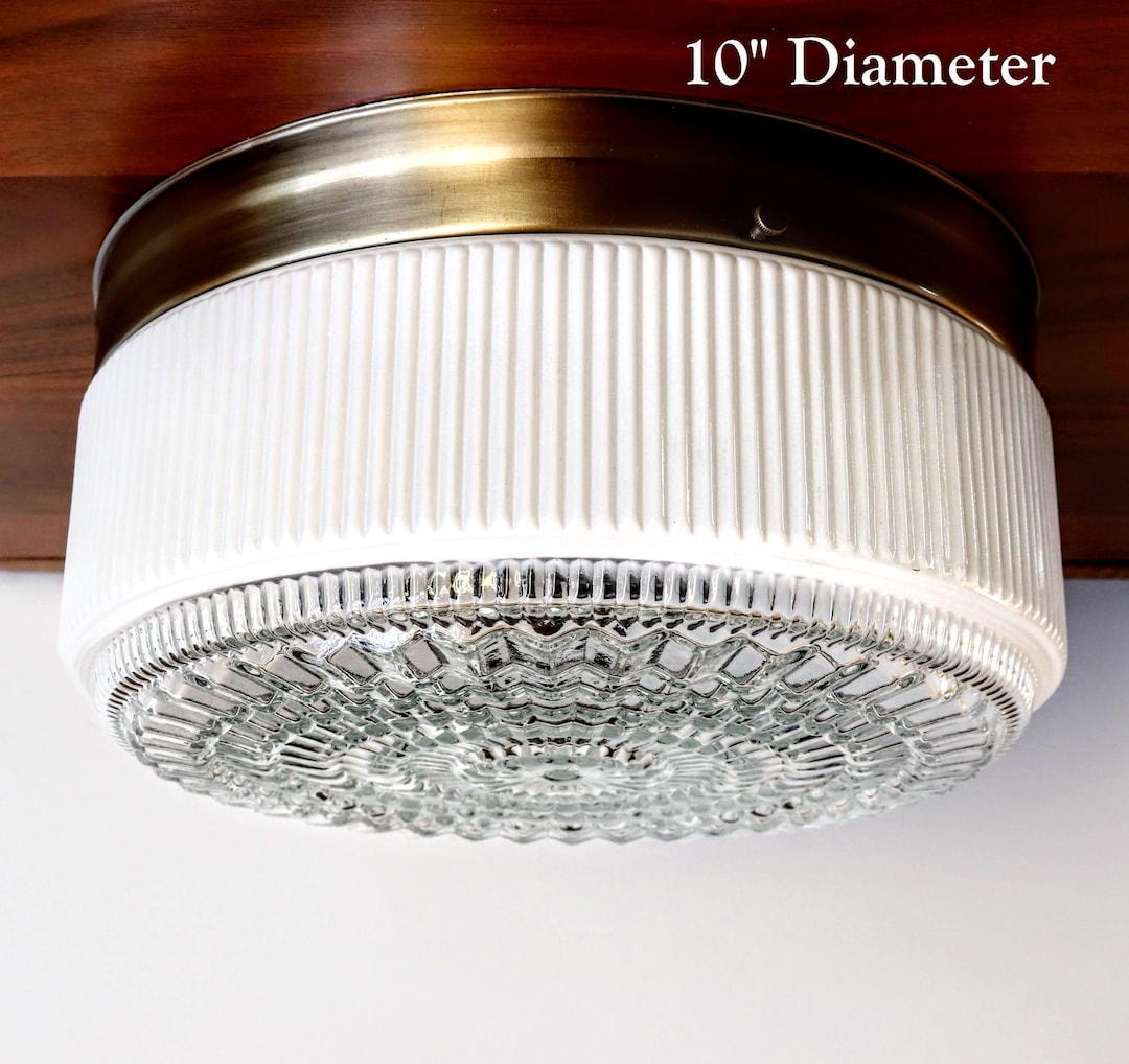 1950s Vintage Flush Mount Fixture 6", 8", 10" Drum Glass Shade - Retro Kitchen Light, Hallway ...