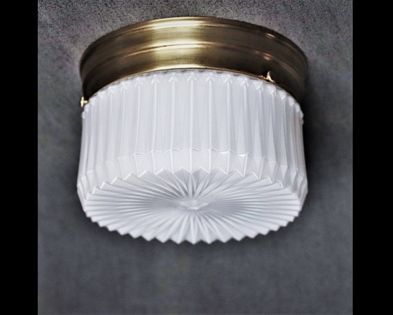 Vintage Ceiling Light 6 Base Flush Mount 1940 S Antique White Glass Drum Shade Mid Century Modern Decor
