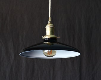 Pendant Light with 10" Black Steel Enamel Lamp Shade and Custom Brass Hardware -Industrial Retro 1950s Vintage Style Gas Station Light