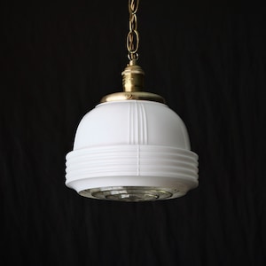 Vintage Pendant Light - 1950s White and Clear Glass Globe - Ceiling Light Fixture - Authentic Antique Glass Globe and Hand Finished Brass