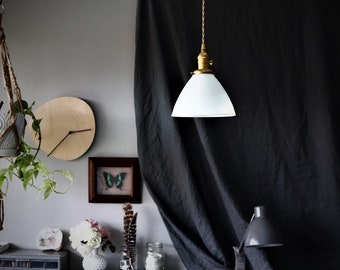 Milk Glass Pendant Light - Medium Waffle Print Shade - Vintage Farmhouse Kitchen Ceiling Light Fixture - Custom Made - Hand Finished Brass