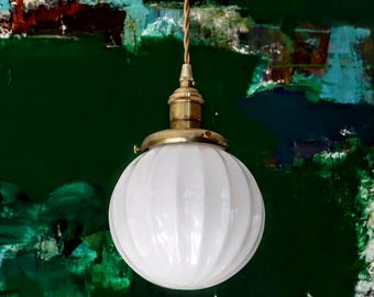 White Fluted Pendant Light - Vintage Milk Glass Globe - 1950s Mid Century Modern Style - Boho Style Lighting - 6" Ribbed Glass Swag Light
