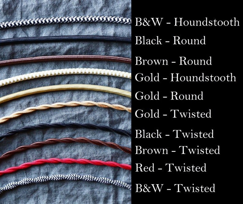 Op de afbeelding: Een selectie van elektrische snoeren in verschillende kleuren en patronen, waaronder zwart, bruin, goud, rood en zwart-wit. De snoeren zijn in rijen gerangschikt, met de tekstlabels "B&W - Houndstooth", "Black - Round", "Brown - Round", "Gold - Houndstooth", "Gold - Round", "Gold - Twisted", "Black - Twisted", "Brown - Twisted", "Red - Twisted" en "B&W - Twisted" rechts van de snoeren.