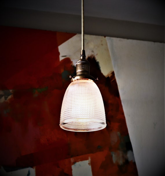 Holophane Pendant Light Clear Glass Shade And Custom Brass Holophane Pendant Light Clear Glass
