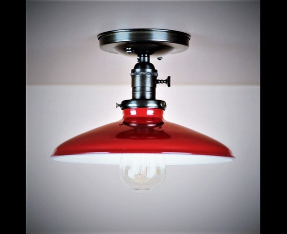Red Ceiling Lamp With 1950 S Vintage Steel Lamp Shade Etsy