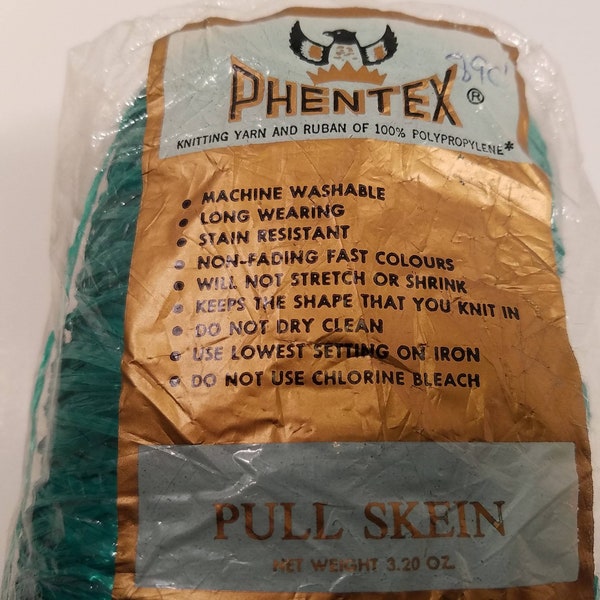 Phentex Yarn, 1970's Fiber, Polypropylene Pull Skein, Knitting Yarn and Ruban, Green, Machine Washable, Made in Canada, NOS