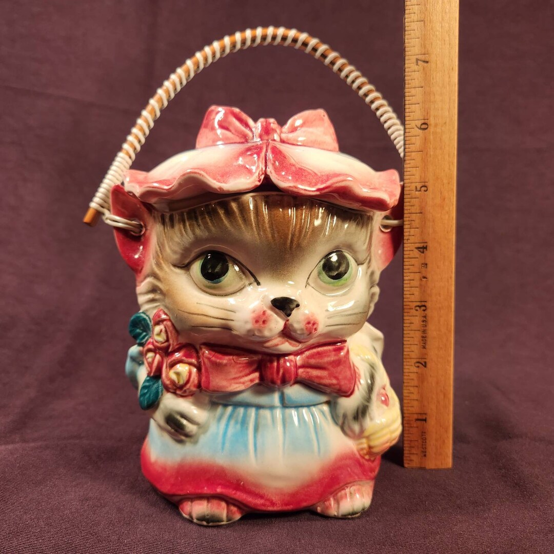 Royal Sealy, Miss Kitty Cat, Biscuit Barrel, Rattan Handle, Made in