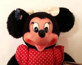 Vintage Minnie Mouse, Applause Brand, 1980's Plush, Disney Collector, NOS, NWT, Polka Dot Dress, Red Shoes, Furry Mouse, Walt Disney Prod