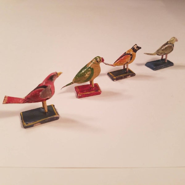 Exotic Bird Figures, Vintage 1940's, Nirmal Toy, India Handcraft, Ponki Chekka Wood, Red White, Green Yellow, Folk Art Carving, Collectible