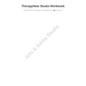 Könnte beinhalten: Ein weißes Arbeitsbuch mit dem Titel "TherapyNote Studio Workbook" und dem Text "Digital Session Templates for reMarkable & E Ink Devices." Das Logo "Jots & Gems Studio" ist ebenfalls sichtbar.
