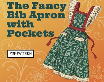 Fancy Apron Sewing Pattern PDF Vintage Pinafore Apron with Pocket Easy Beginner Ruffle Kitchen Apron Cottage Dress Pattern Download