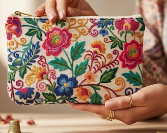 Linen Quilted Cosmetic Pouch, Floral Embroidered Travel Makeup Bag