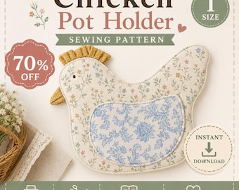Chicken Pot Holder Sewing Pattern PDF, Quilted Chicken Oven Mitt, Farmhouse Kitchen Decor, DIY Country Cottage Gift