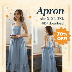 Cross Back Apron Sewing Pattern, Japanese Pinafore Apron, Artist & Kitchen Apron DIY, Pottery Apron, Plus Size Linen Apron Pattern For Women