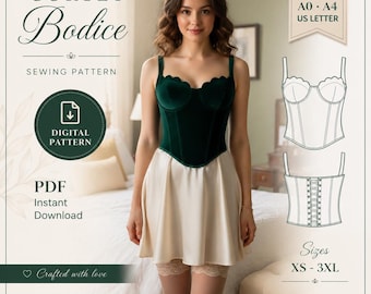 Corset Bodice Sewing Pattern, Bustier Top PDF, Sizes XS-3XL (Digital Download)