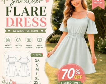 Shoulder Flare Dress Sewing Pattern | Off-Shoulder Summer Fit & Flare (PDF Download)