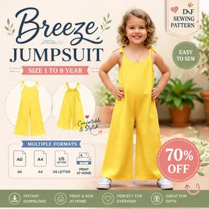 Könnte beinhalten: Ein gelbes Breeze Jumpsuit Schnittmuster für Größen von 1 bis 8 Jahren. Das Bild zeigt ein junges Mädchen in einem gelben Jumpsuit. Das Muster ist in verschiedenen Formaten erhältlich, darunter A0, A4 und US Letter. Das Bild enthält auch den Text "Easy to Sew" und "70% Off".