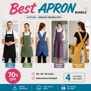 以下が含まれることがあります： エプロンパターンのバンドルを示す画像。「Best APRON BUNDLE」と「4 STYLES • ENDLESS POSSIBILITIES」のテキスト。Easy、Cozy、Modern、Cross Backの4つのエプロンスタイルが表示されています。「70% OFF」と「4 PATTERNS INCLUDED」が含まれています。