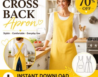 Cross Back Apron Sewing Pattern, Japanese Pinafore Apron, Artist & Kitchen Apron DIY, Pottery Apron, Plus Size Linen Apron Pattern For Women