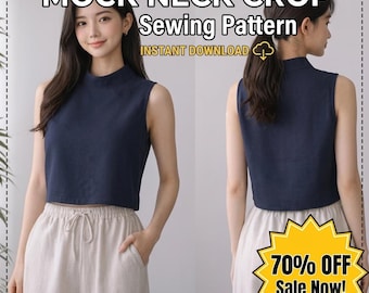 Mock Neck Crop Top Sewing Pattern PDF | Sleeveless High Neck Top Pattern | XS–XXL Women’s Top | Easy Beginner Sewing Pattern