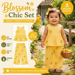 May include: A yellow gingham children's outfit, comprising a sleeveless top and wide-leg trousers, decorated with cherry embroidery. Part of the "Blossom Chic Set", designed for sizes 2Y-13Y. The image also includes the text "Sweet, Simple, Stylish."