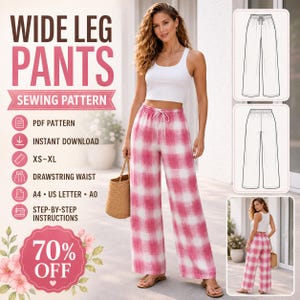 Patrón de costura en PDF para pantalones de pierna ancha, pantalones palazzo con cordón ajustable, patrón de pantalones de descanso para mujer, tallas XS-XL, tamaños A4, A0 y Carta (EE. UU.).