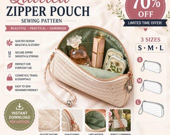 Quilted Zipper Pouch Sewing Pattern PDF | Makeup & Toiletry Bag Pattern | Boxy Cosmetic Bag | S M L Sizes | A4 A0 US Letter