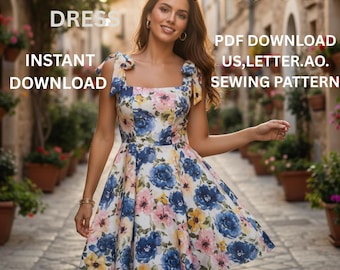 Daphne Mini Dress Sewing Pattern PDF | Bow Shoulder Square Neck Dress | Coquette Fit  | Women’s Sewing Pattern XS–3XL (PDF download)