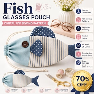 May include: A fish-shaped glasses pouch digital PDF sewing pattern featuring a blue and cream striped body, a solid blue head, and dark blue polka-dot fins. The pouch measures 9 inches by 6 inches. Includes text: Fish GLASSES POUCH DIGITAL PDF SEWING PATTERN.