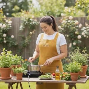 Puede incluir: Una mujer con un delantal mostaza con la inscripción "CHEF SARAH" cocina al aire libre. Una olla de acero inoxidable está sobre una placa portátil. Hierbas frescas en macetas de terracota, verduras y aceite de oliva en una mesa de madera.