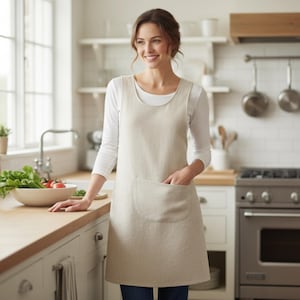 Puede incluir: Un delantal de lino beige con un bolsillo delantero grande. El delantal tiene un diseño sencillo y sin mangas y se usa sobre una camisa blanca de manga larga. El entorno de la cocina incluye una encimera de madera, un grifo de acero inoxidable y un horno de acero inoxidable.