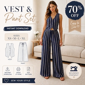 May include: Navy blue and white striped vest and pant set. The image includes a woman wearing the outfit, along with illustrations of the vest and pants. Text on the image includes "Instant Download", "Sizes XS-XL", and "Beginner Friendly".